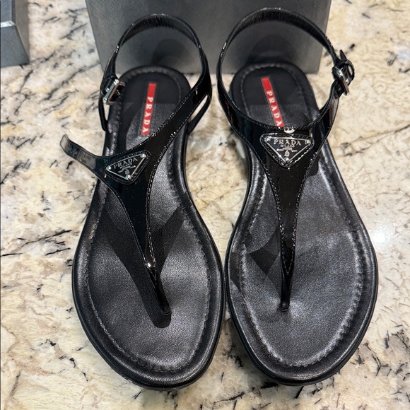 Prada Glossy Black T-Strap Sandals - Picture 3 of 4